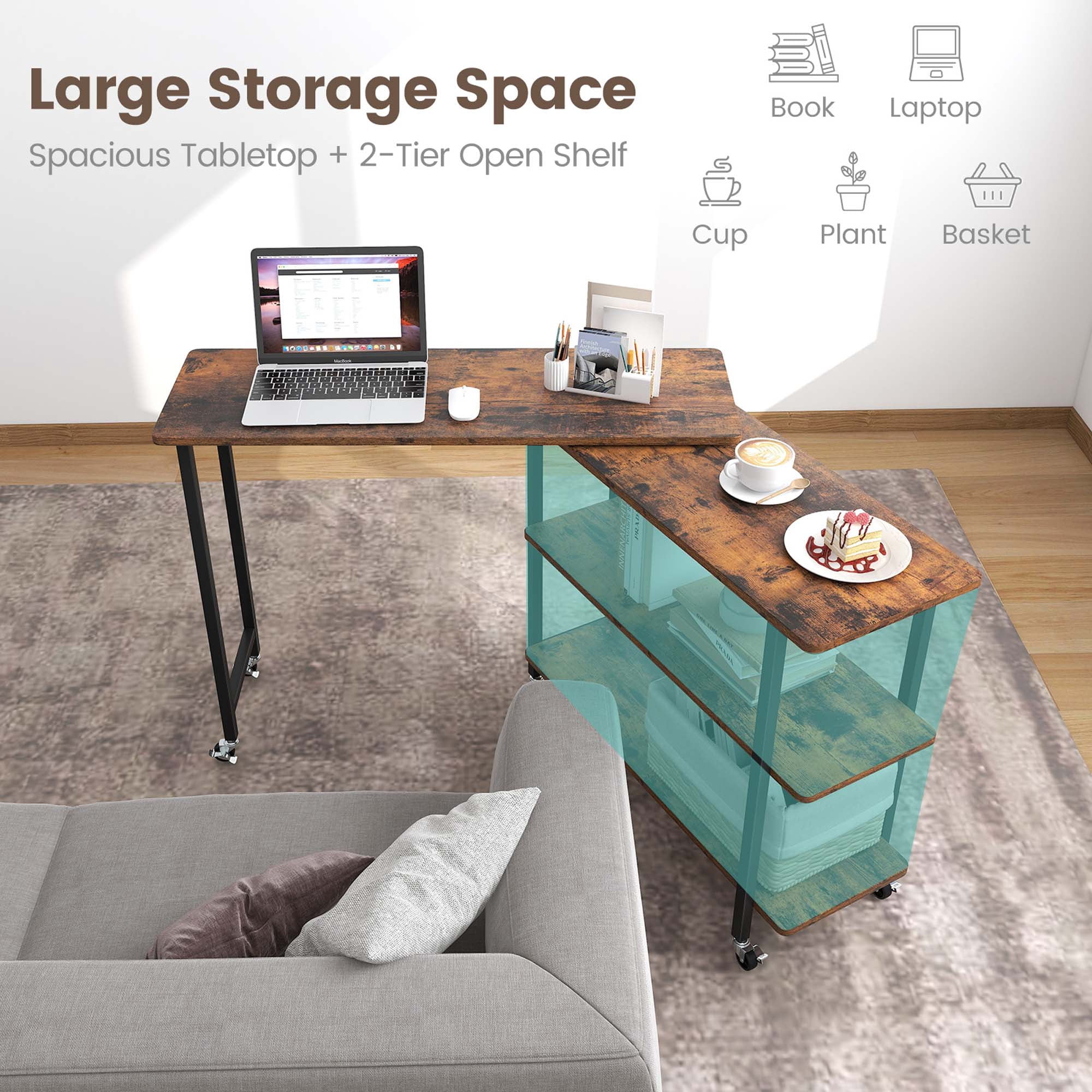 Costway 360° Rotatable Sofa Side Table L-shaped Laptop Desk Snack Table with 2-Tier Shelf Patented Rustic Brown
