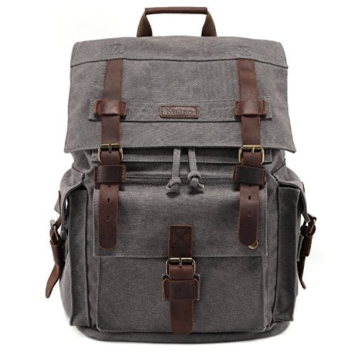 Mochila de Lona de Cuero Kattee Bolsa Grande Escolar y Viaje Gris