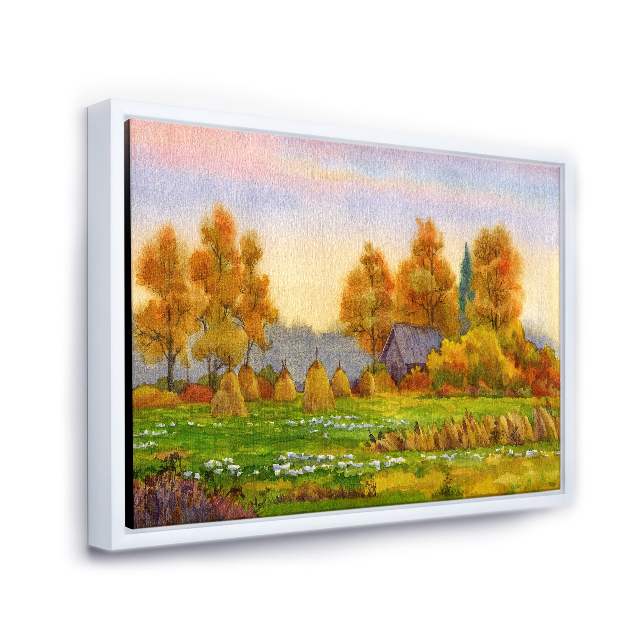 Orange Fields With Haystacks I 40 in x 30 in Framed Painting Canvas Art Print, by Designart