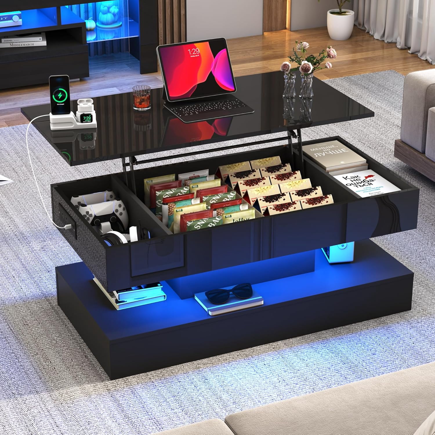 ChVans 39.4" Large Lift Top Coffee Table with Charging Station & LED Lights, Black High Glossy LED Coffee Table with Hidden Compartment Storage, Modern Living Room Tables