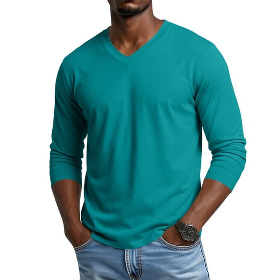 Dwelliawo Mens Long Sleeve Tee Shirts Casual V Neck Muscle Basic T-Shirt Moisture Wicking Soft Tops Turquoise L