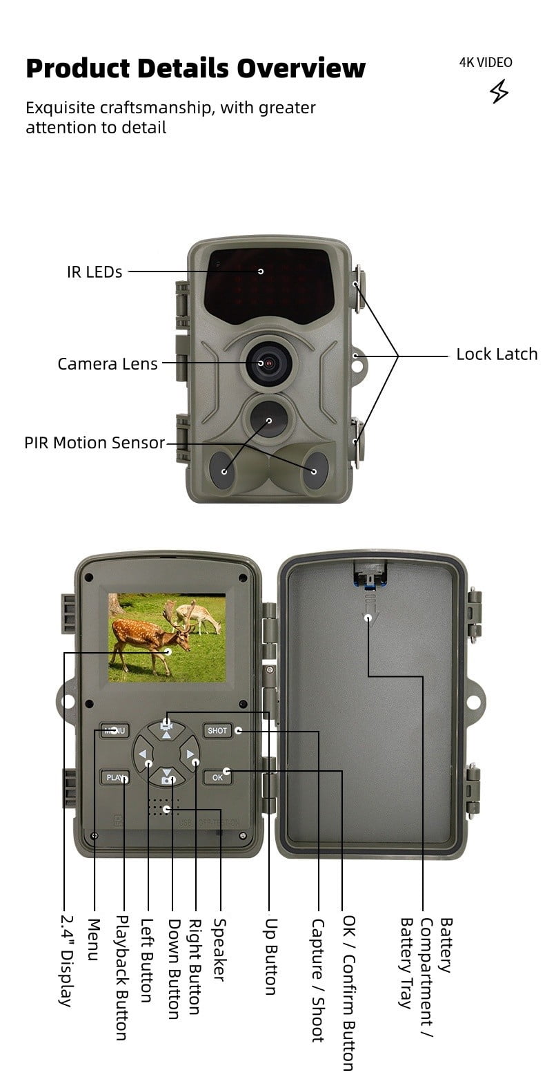 Trail Camera with Infrared Night Vision, Motion Activated Game Camera with 4K Video, Fast Trigger & Wide Angle Lens, Wildlife Camera with IP66 Waterproof for Outdoor Use