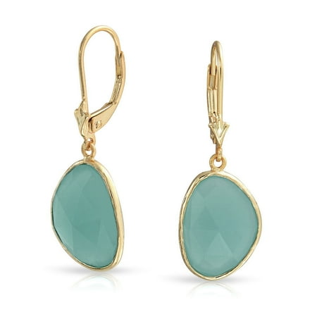 Chalcedony Leverback Earring Faceted Stone Bezel Dangle Leverback Aqua Green Simulated Chalcedony Earrings For Women 14K Gold Plated Sterling Silver ()