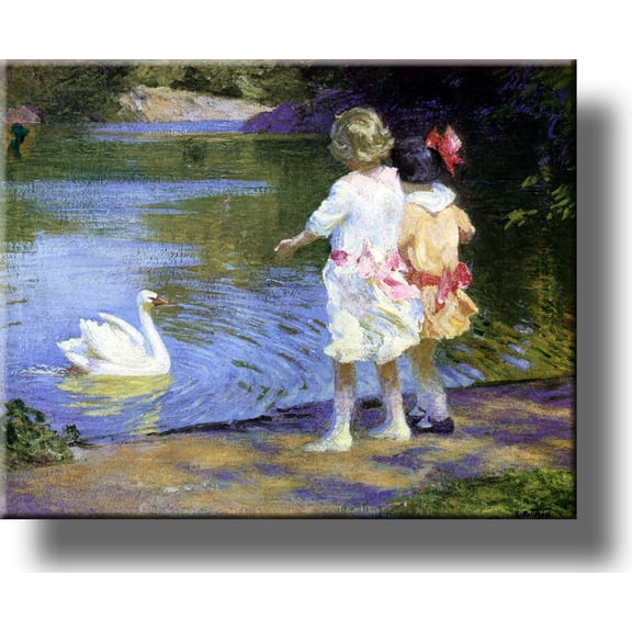 Children by the Swan Pond Picture on Stretched Canvas, Wall Art Décor, Ready to Hang!