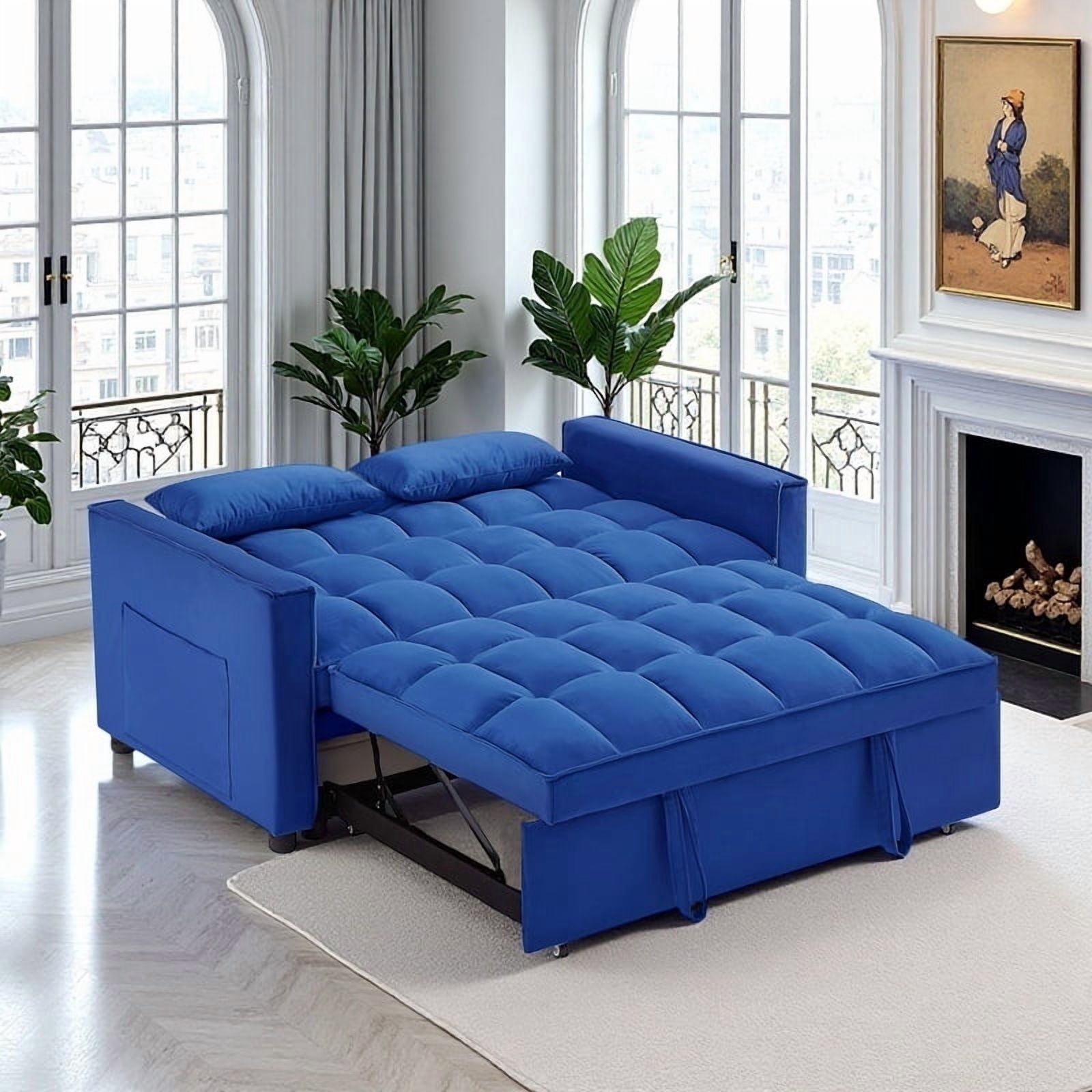 Gewnee 54" 3 in 1 Convertible Sleeper Sofa Bed,Velvet Pull Out Couch with Adjustable Backrest,Loveseat with Pillows & Pockets for Living Room,Apartment,Blue