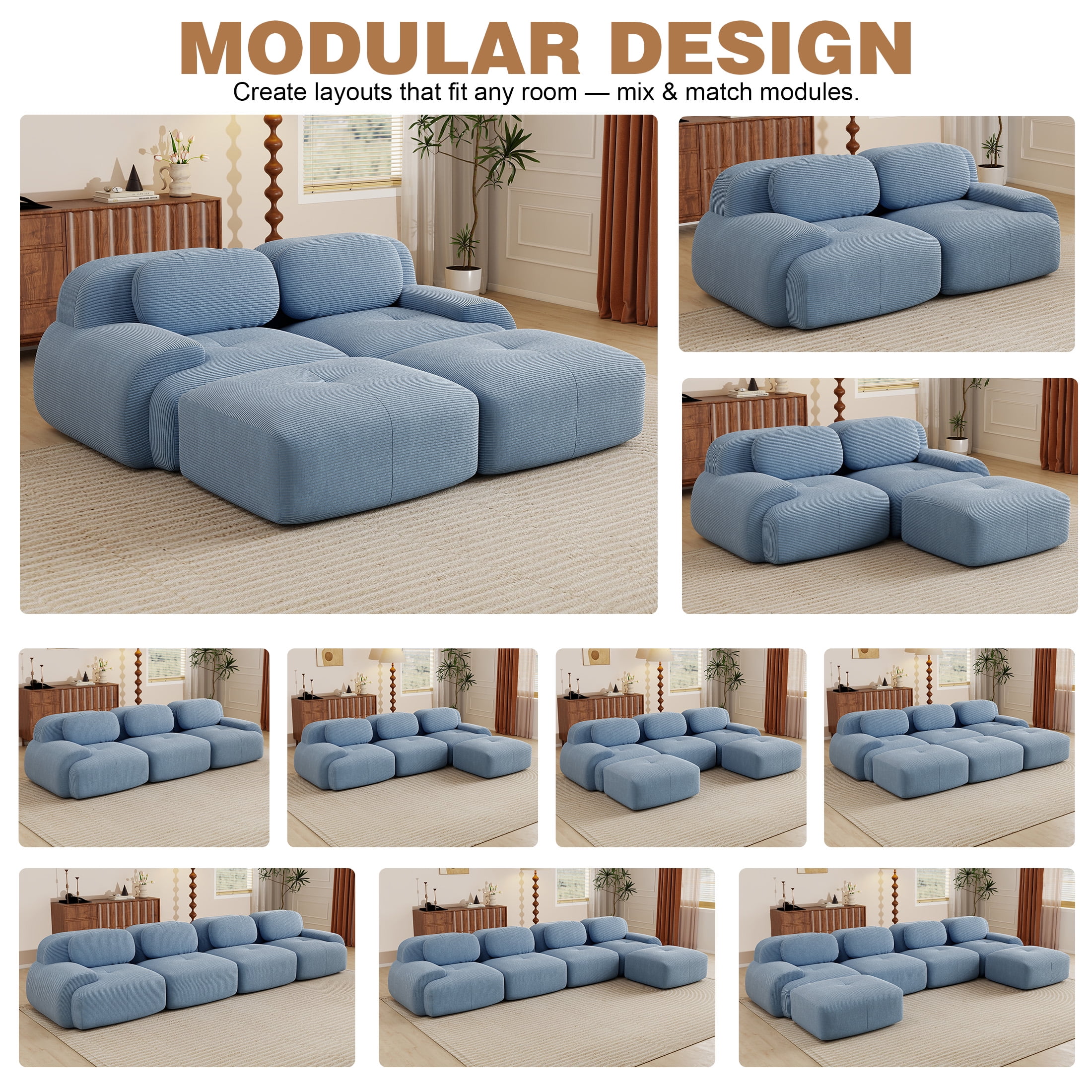 Aukfa 82" Modular Sectional Sofa with Ottoman, Corduroy, 28" Deep Seat, No Assembly Required, Blue