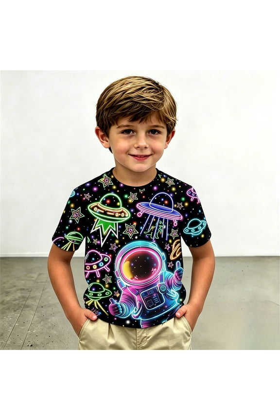 Little Boys Outer Space Astronaut Tee 3D Graphic Print Short Sleeve T Shirts Summer Active Sports Casual Crewneck Tops