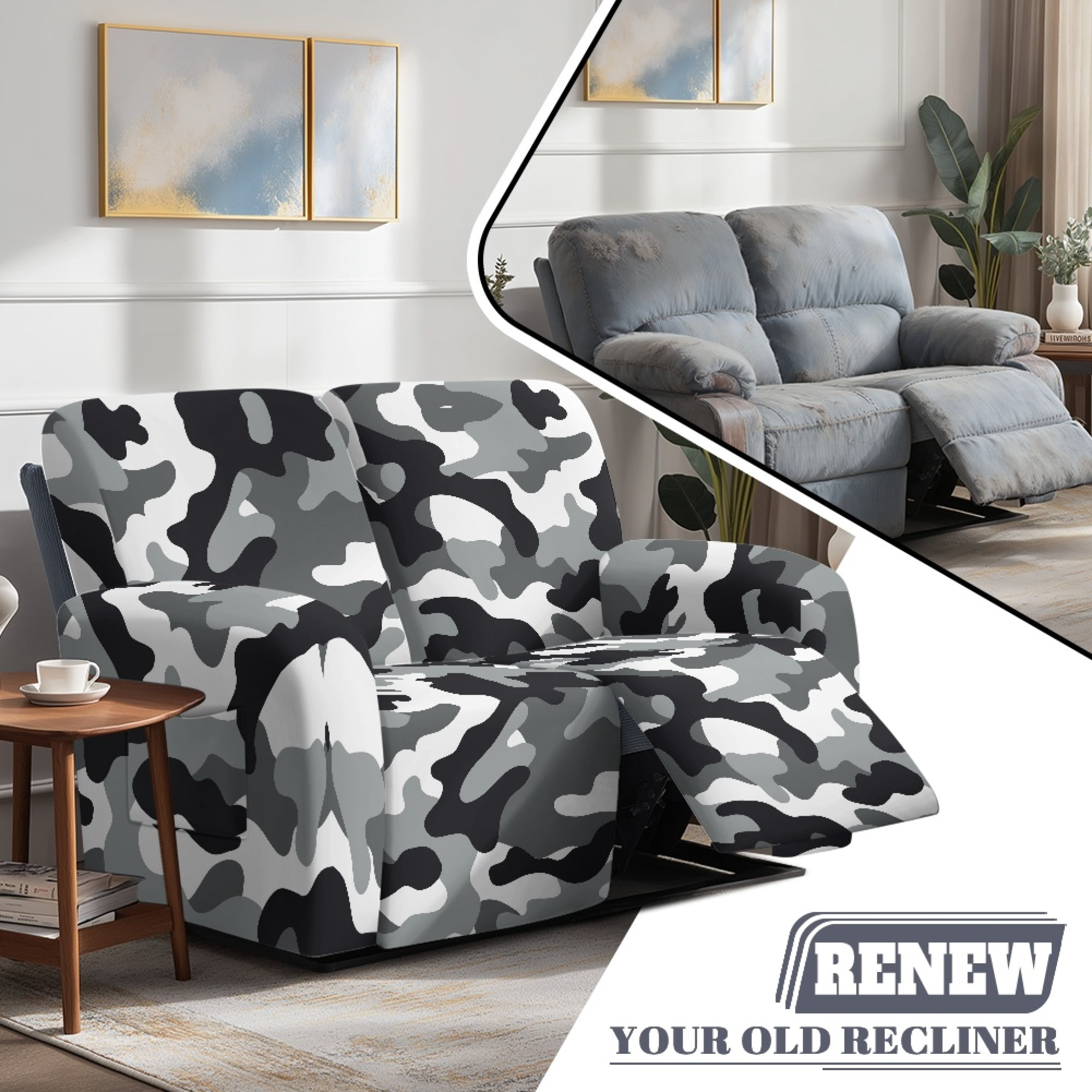 TSOVTHRID 6-Piece Loveseat Covers Black Camouflage Pattern Stretch Reclicer Love Seat Covers with Pockets Loveseat Couch Cover Furniture Protector for 2 Seat Couch Sofa