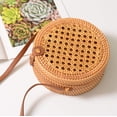 thumbnail image 4 of Bolsa Redonda de Rattan Tejida a Mano con Correas de Cuero para Mujeres, 4 of 5