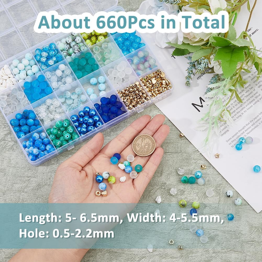 1box Beads Jewelry Making Finding Kits Inclduing Glass & Plastic & Shell Beads Mixed color 2~7x5~13x3~13mm Hole: 1~2.2mm 660pcs/box