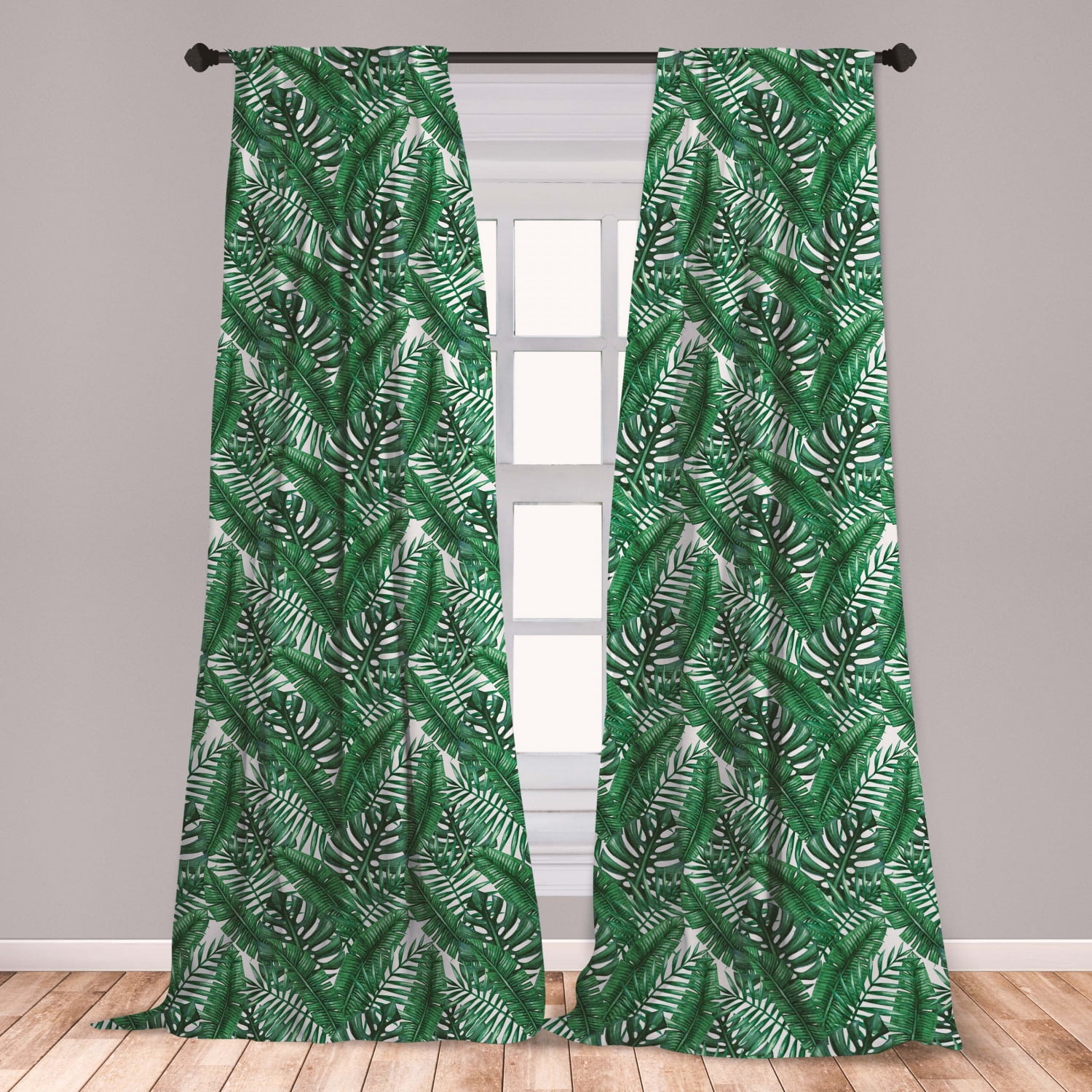 Palm Leaf Curtains 2 Panels Set, Watercolor Artwork of Palm Tree Leaves
