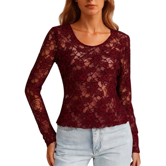 LWavelet Crew Neck Lace Blouse Womens Plus Size Long Sleeve Fitted Soft Stretch Daily Casual Top Wine M