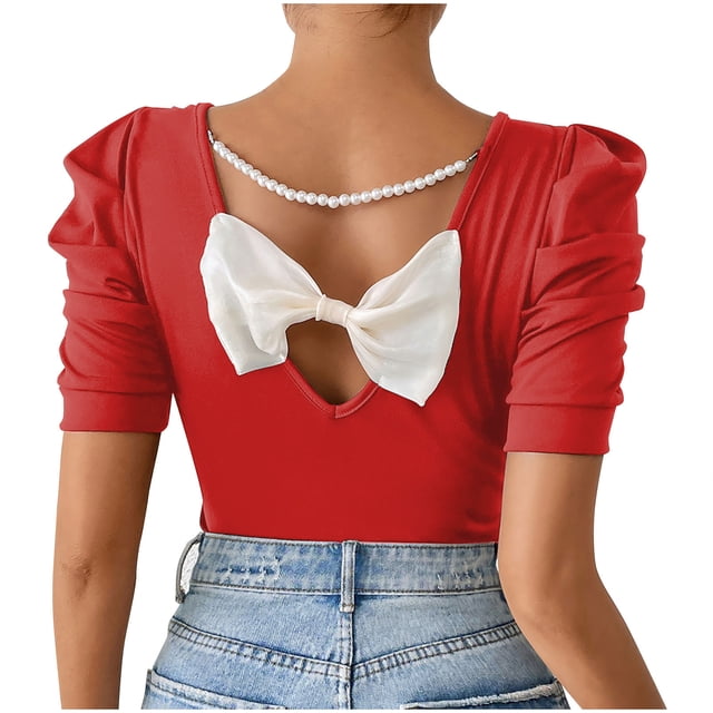 Plebaso Hauts Mignons pour Femmes Dos Noué T-Shirts Slim Manches Courtes Bouffantes Col Rond Décontracté Tee Tendance