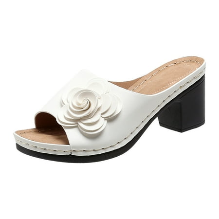 

Gzea Womens Beach Sandals Ladies Summer Heels Vintage Solid Color Floral Leather Plus Size Sandals Slippers Summer Sandals White 39
