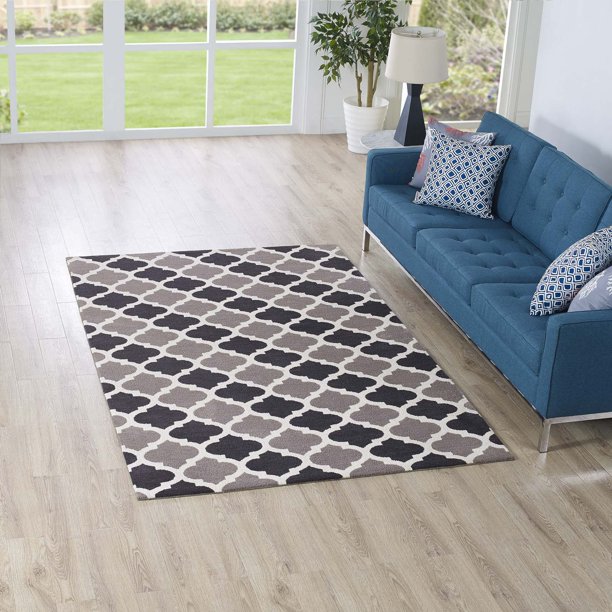 Modway Lida Moroccan Trellis 5x8 Area Rug in Charcoal and Black