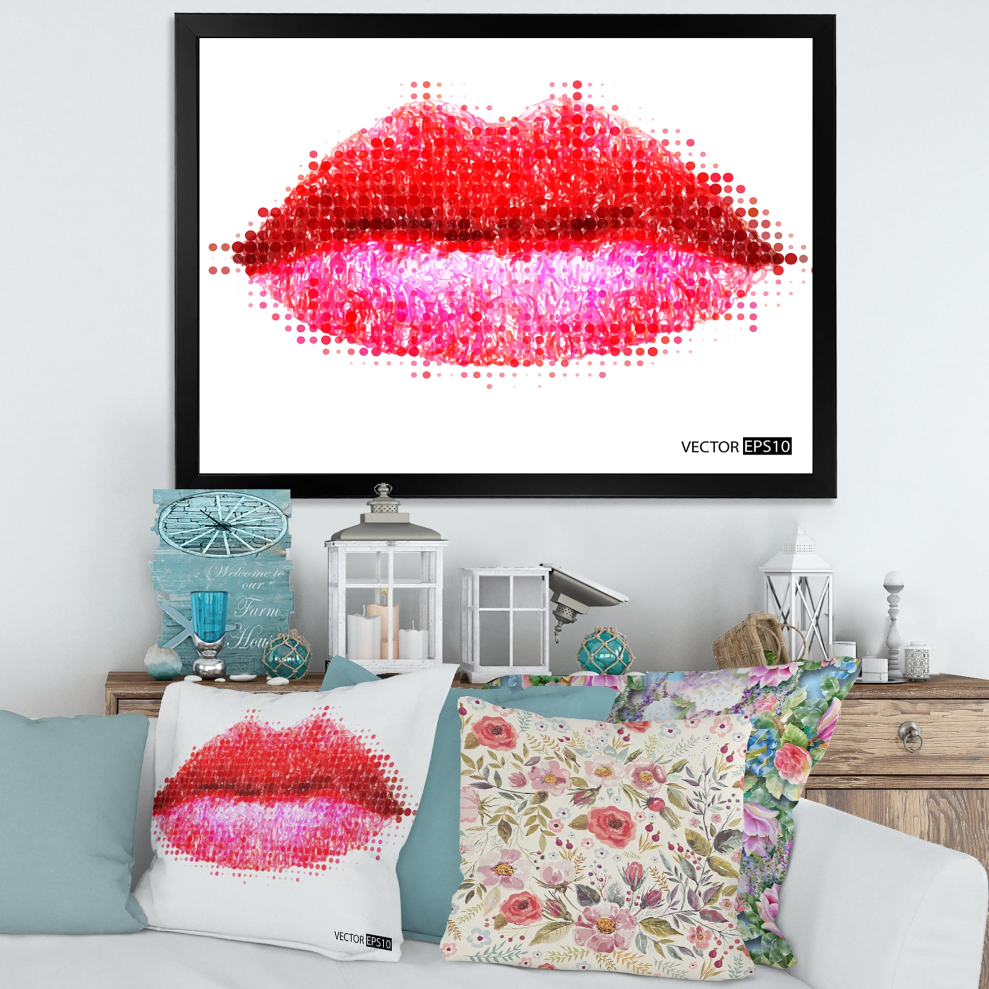 Designart 'Abstract Red Woman Lips in Pixels' Modern Framed Art Print