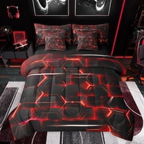 Feelyou Pixelate Miner Game Twin Bedding Sets 7-Piece, Neon Futuristic Honeycomb Bedding Comforter Set, Gamepad Camo Black Red Reversible Sheet Sets, Breathable Home Decor