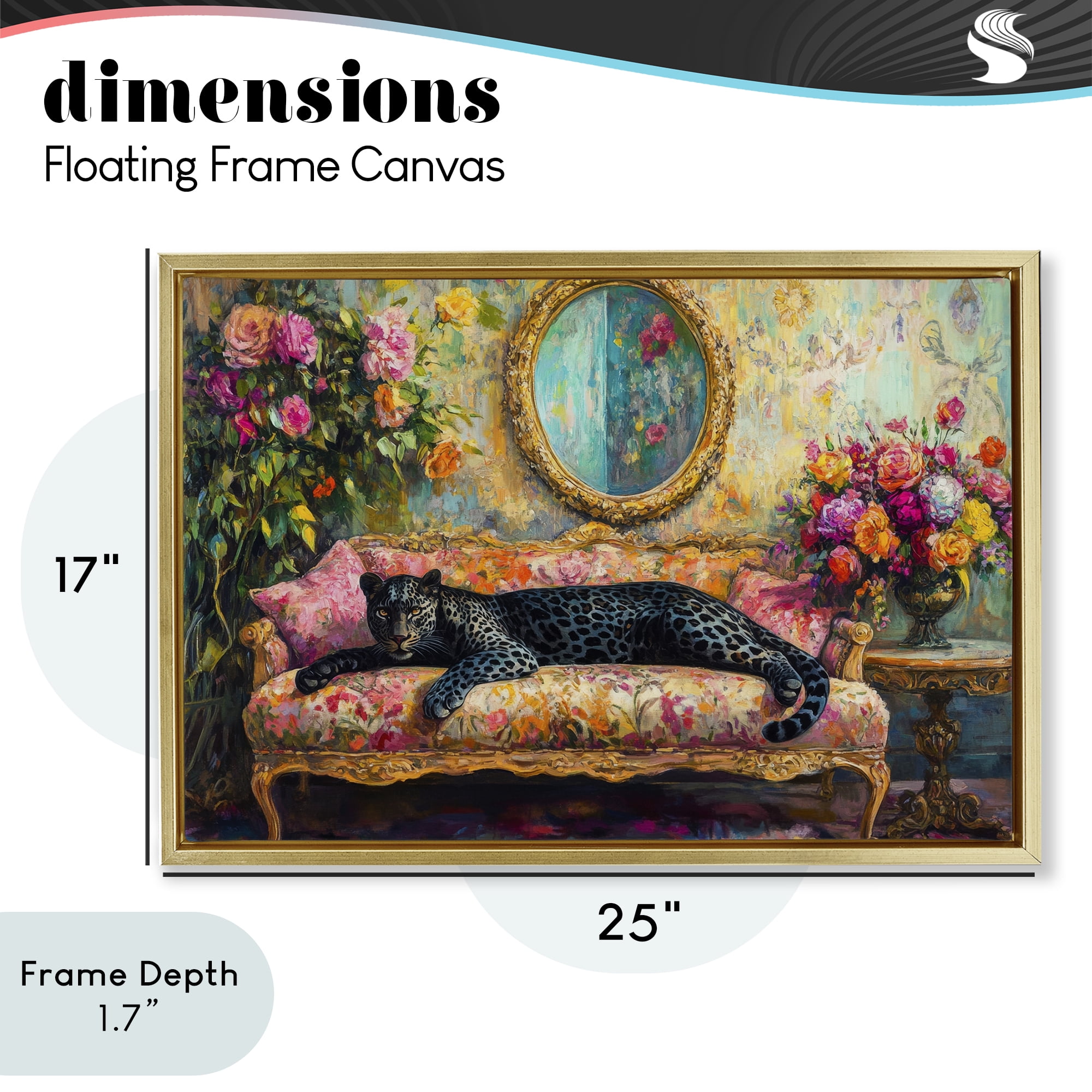 Stupell Industries Lounging Leopard on Floral Sofa Gold Framed Floater Canvas Wall Art, design by Petal Prints Design