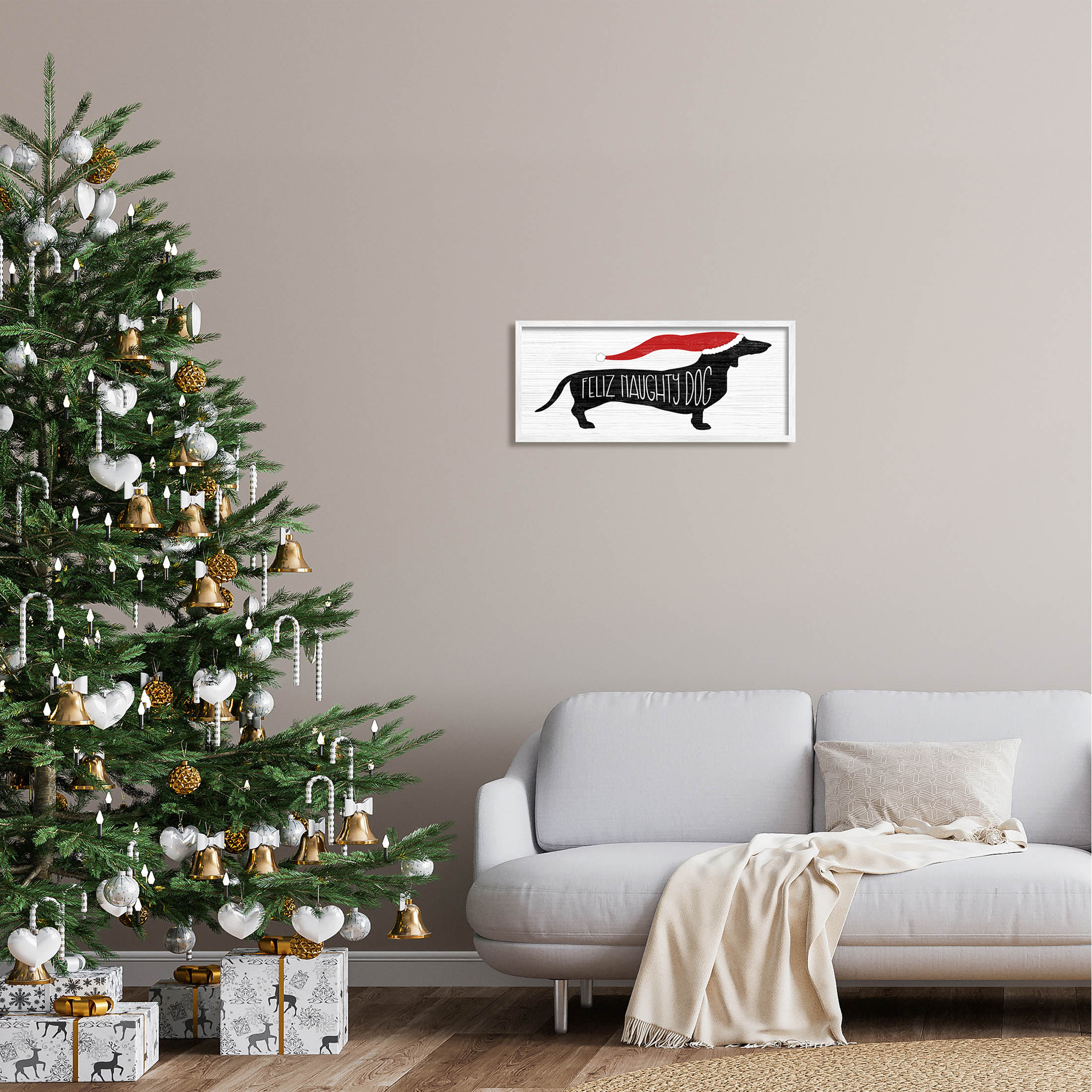 Funny Feliz Naughty Dog Dachshund Holiday Graphic Art White Framed Art Print Wall Art