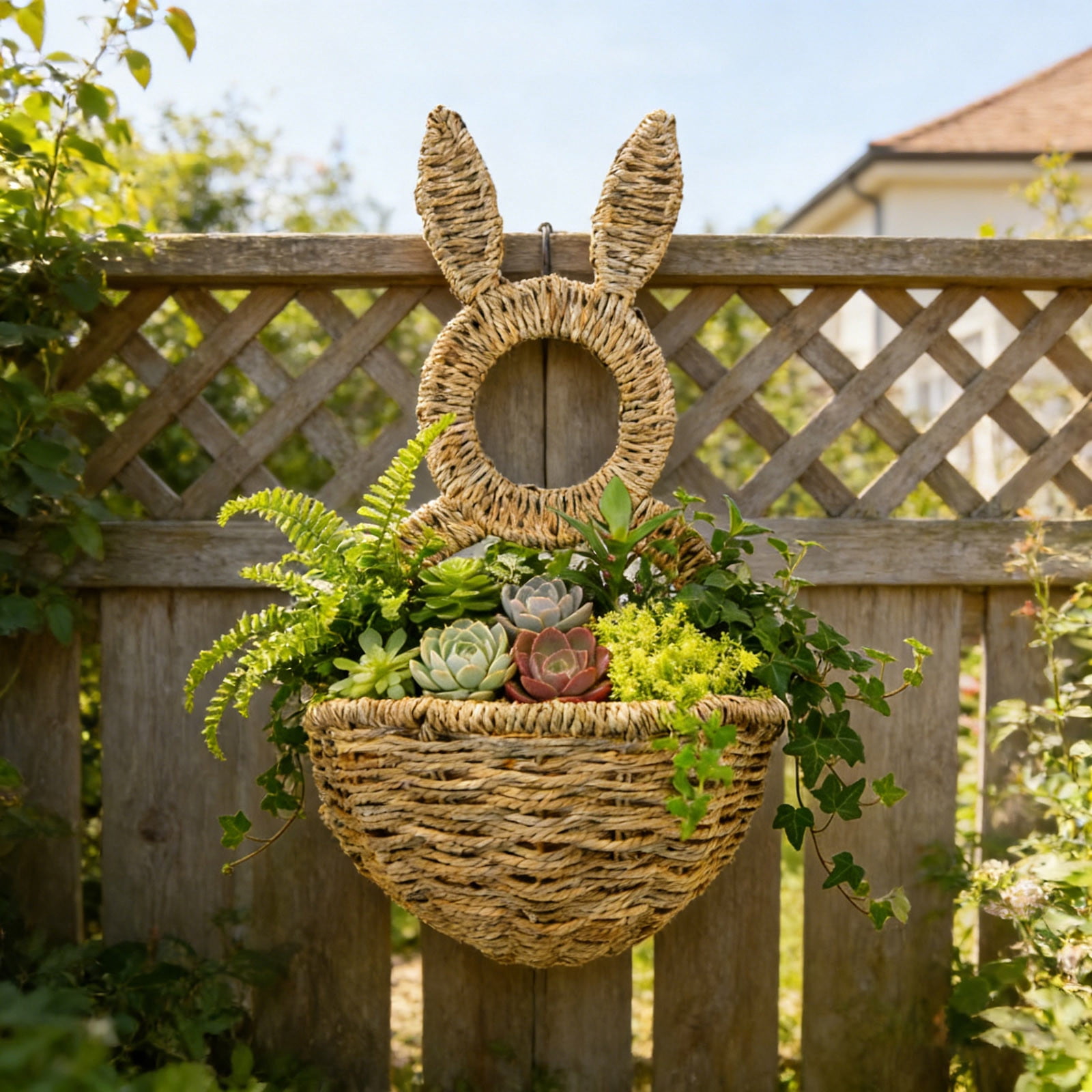 Hand Woven Wicker Bunny Wall Pocket & Planter - 15.75 Inch Easter Door Hanging Decor, Farmhouse Wall Basket for Flowers, Eggs, Spring Greenery, Easter Decoration