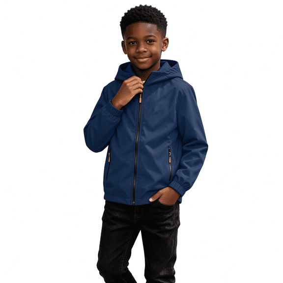 Amidoa Boys Rain Jacket Waterproof Hooded Jacket Lightweight Windbreakers Outdoor Raincoat for Kids Navy Size 4-5 Years