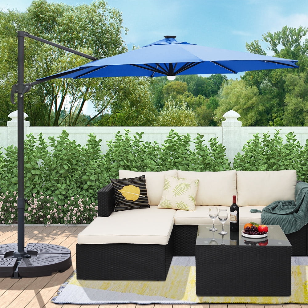 Abble 120" Navy Solid Print Octagon Cantilever Patio Umbrella with Solar Powered LED Lights
