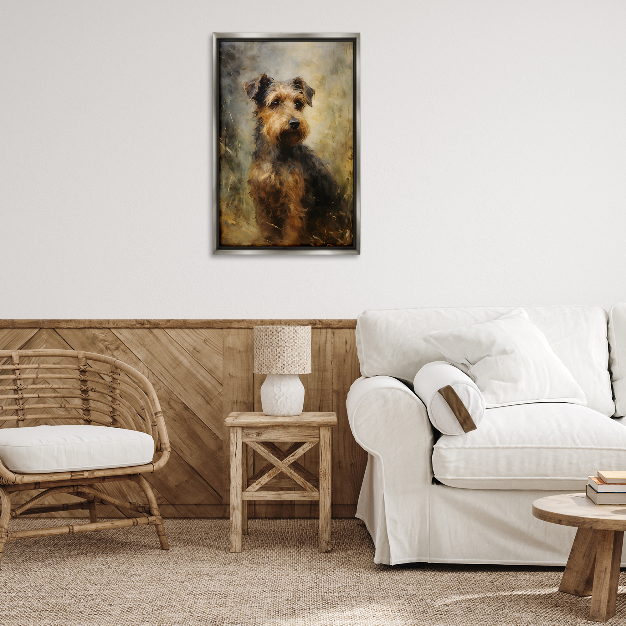 Stupell Industries Poised Terrier Dog Animals & Insects Painting Gray Floater Framed Canvas Art Print Wall Art, 21 x 31