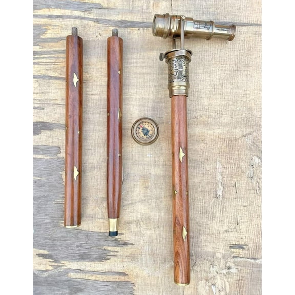 NAUTICALMARTUS Engraved Brass Walking Stick with Telescope & Direction Compass On Top Spyglass Cane, 1920 Dollond London Victorian Canes, Handmade Gift