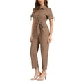 thumbnail image 4 of INSPIRE CHIC Women's Jumpsuit Short Sleeve Collared Button Down Tie Waist Cotton Cargo Jumpsuit S Coffee, 4 of 6