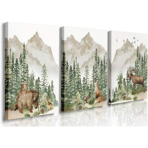 Woodland Nursery Prints,Woodland Animals Wall Art Framed Canvas Mountain Print,Boy Woodland Nursery Print,Boy Wall Art, Jungle Theme Nursery Decor Watercolor Woodland Nursery Wall Decor 12"x16"