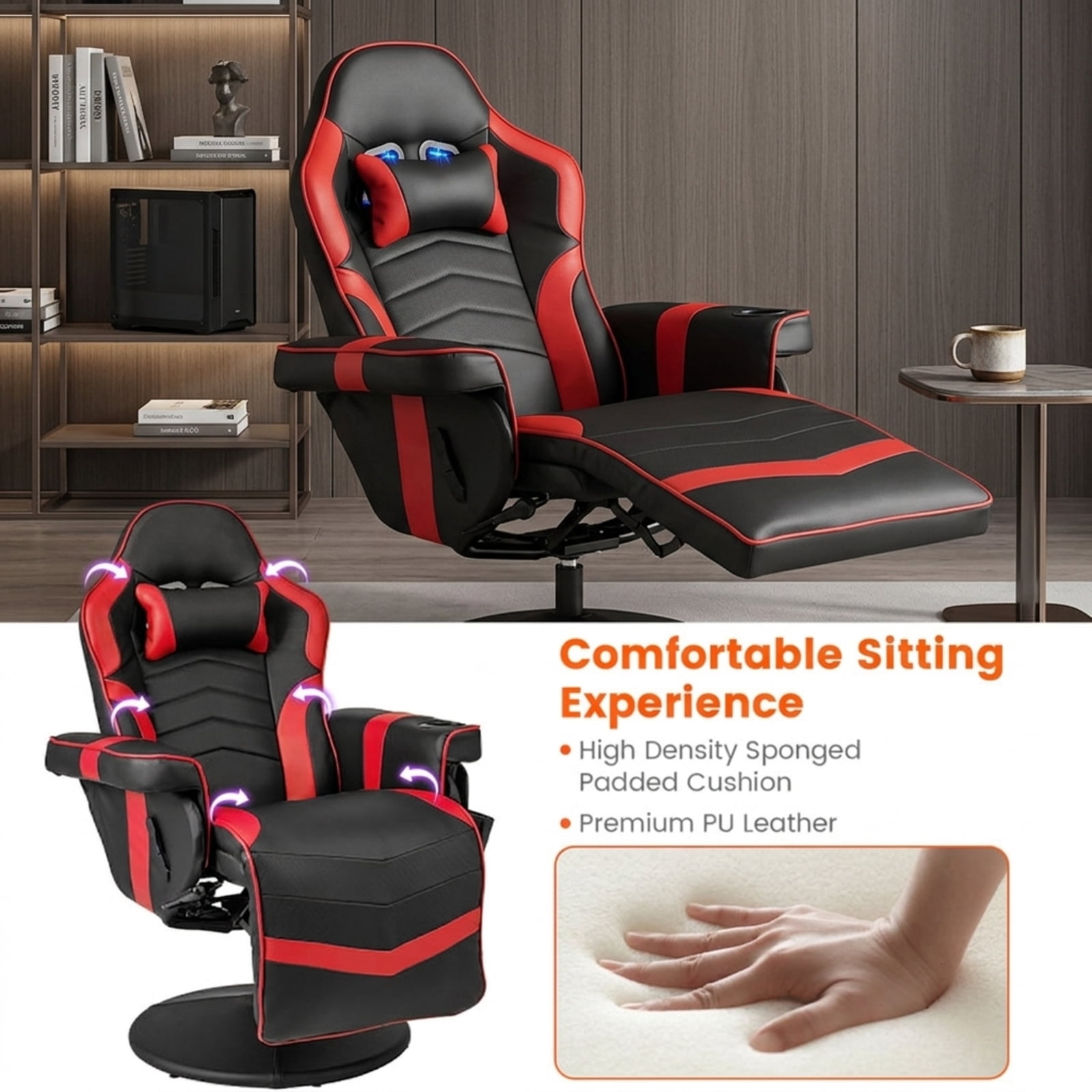 Furnibear Massage Video Gaming Recliner with Reclining Backrest Adjustable Height Retractable Footrest and Side Pocket for Gaming and Office, Red