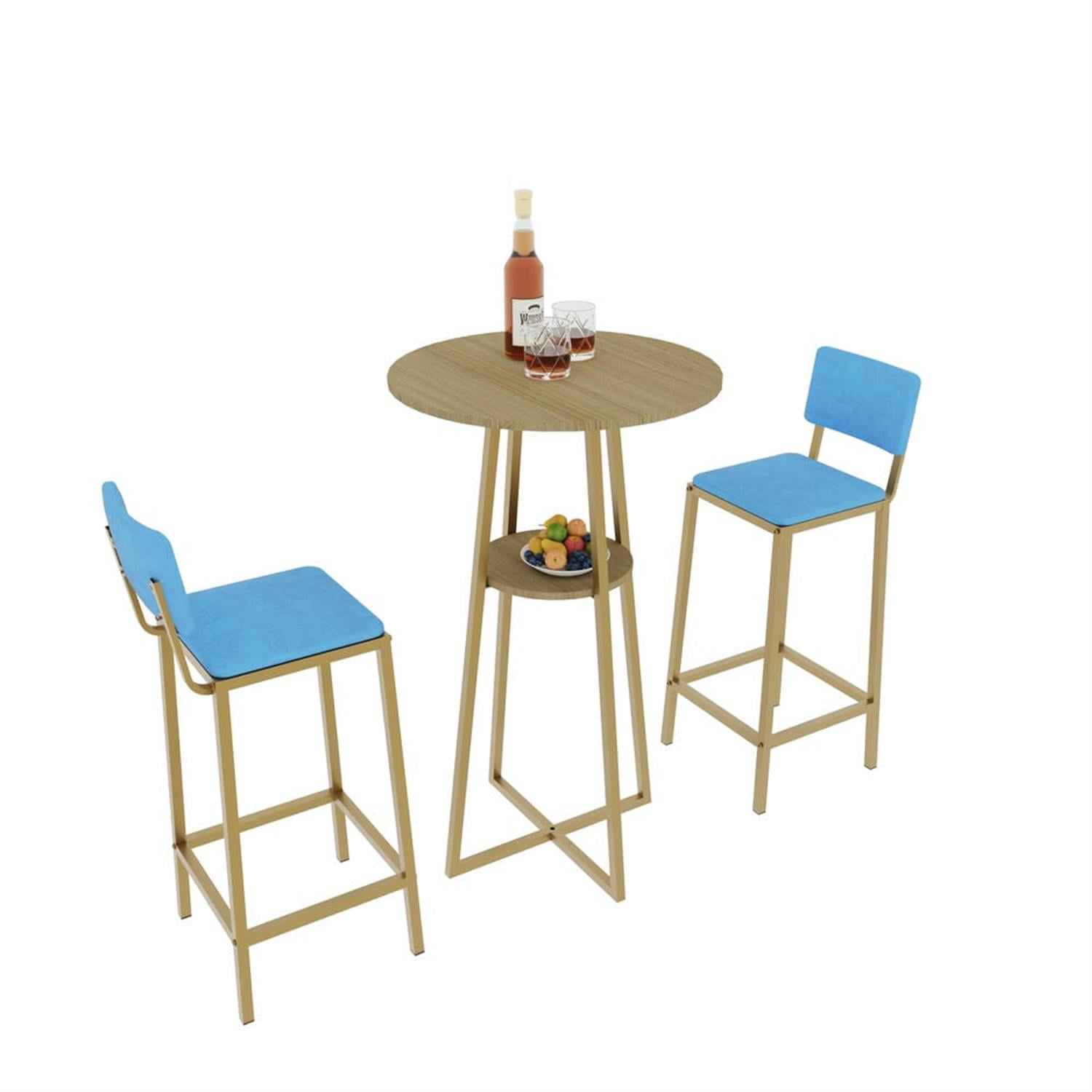 Demi Bonn 3-Piece Dining Table Set with 2 Upholstered Chairs and Storage, Kitchen Bar Table Furniture Sets for Dining Room, Apartment, Blue
