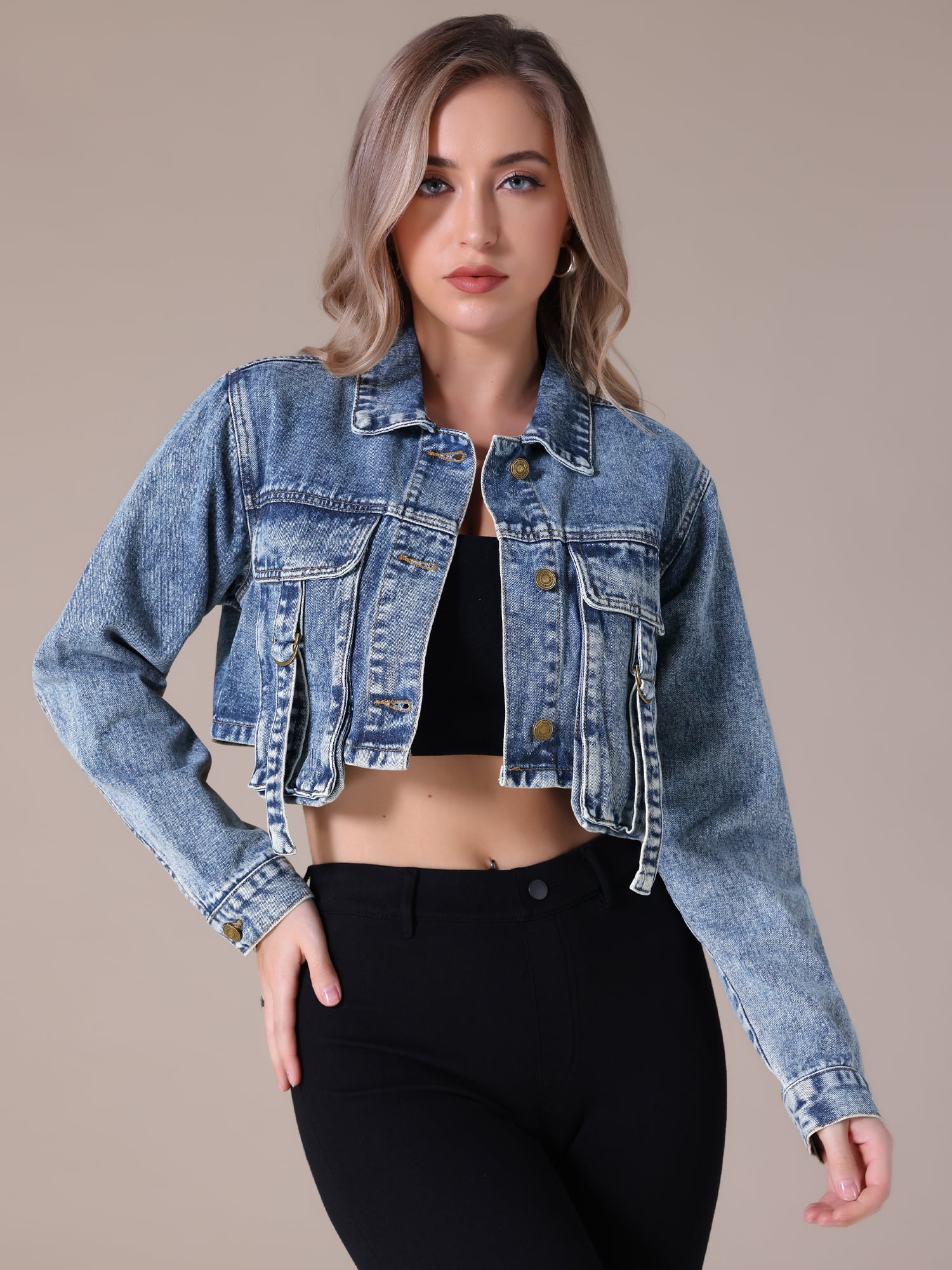 DARING DIVA Women's Button Down Cargo Washed Jean Jackets XL Gray Blue