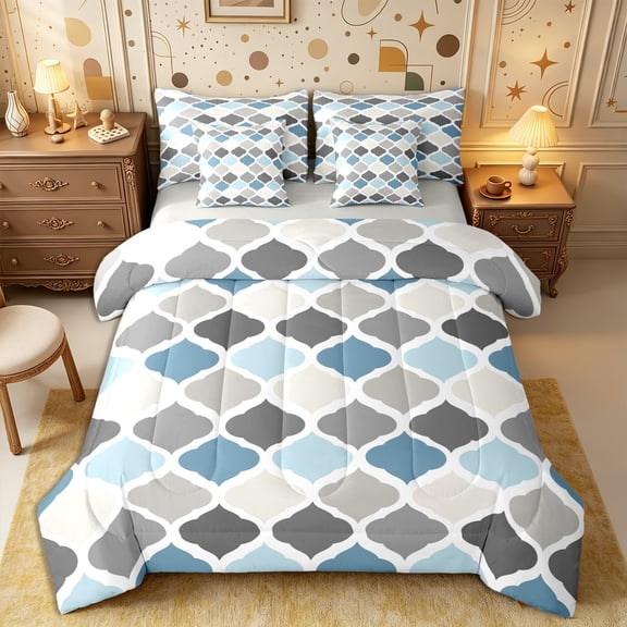 Castle Fairy Boho Geometric Quatrefoil 7-Piece Twin Bedding,Minimalism Rhombus Grid Bedding Comforter Set,Blue Gray Ivory,Reversible