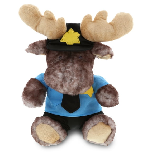 DolliBu Brownish Sitting Moose Police Officer Plush Toy - Soft Moose Cop Stuffed Animal Dress Up with Cute Cop Uniform & Cap Outfit - 10" Inches