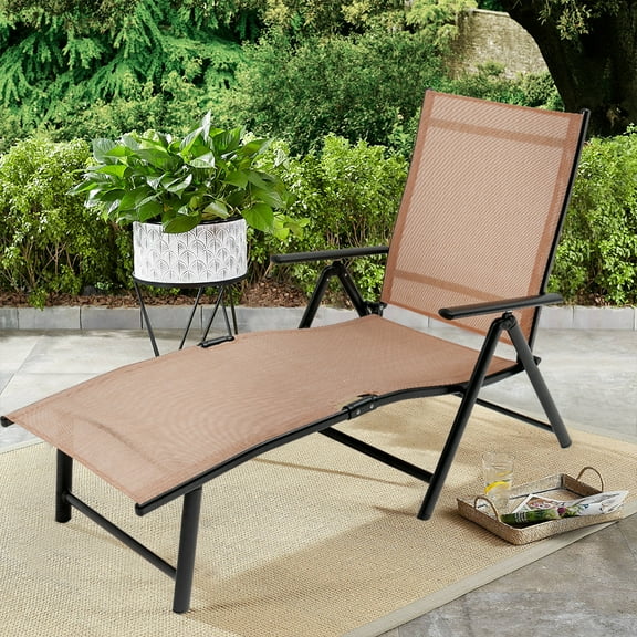 Textilene Outdoor Lounge Chaise Folding Reclining Chair with Adjustable Back1 piece (Brown)