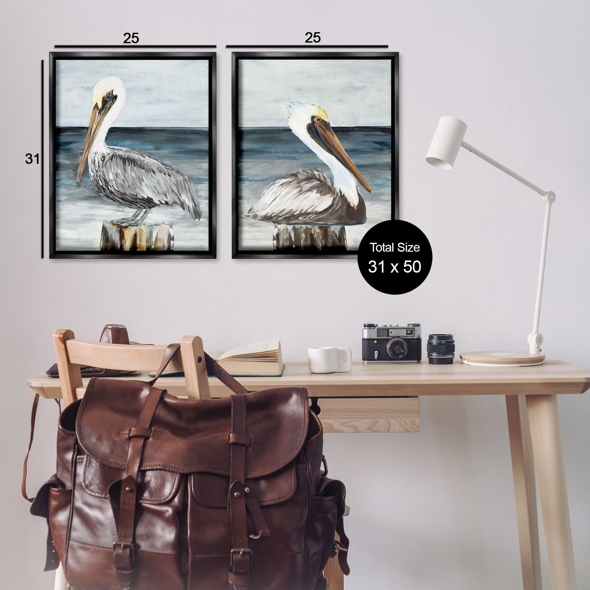 Stupell Industries Beachfront Pelican Log Animals Painting Black Floater Framed Canvas Art Print Wall Art, 31 x 25, Set of 2