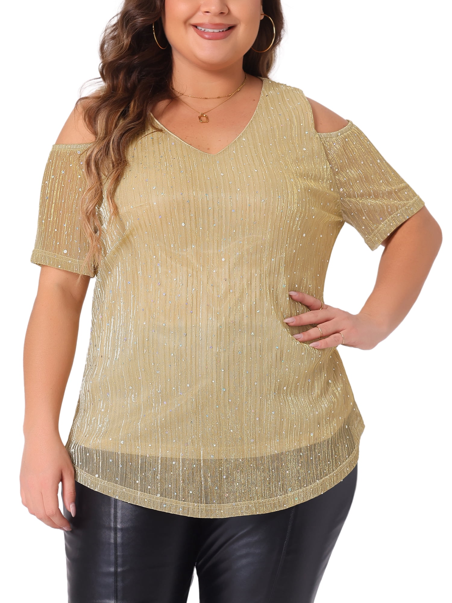 Women's Plus Glitter Sequin Cold Shoulder Short Sleeve Party Blouse 2X Yellow