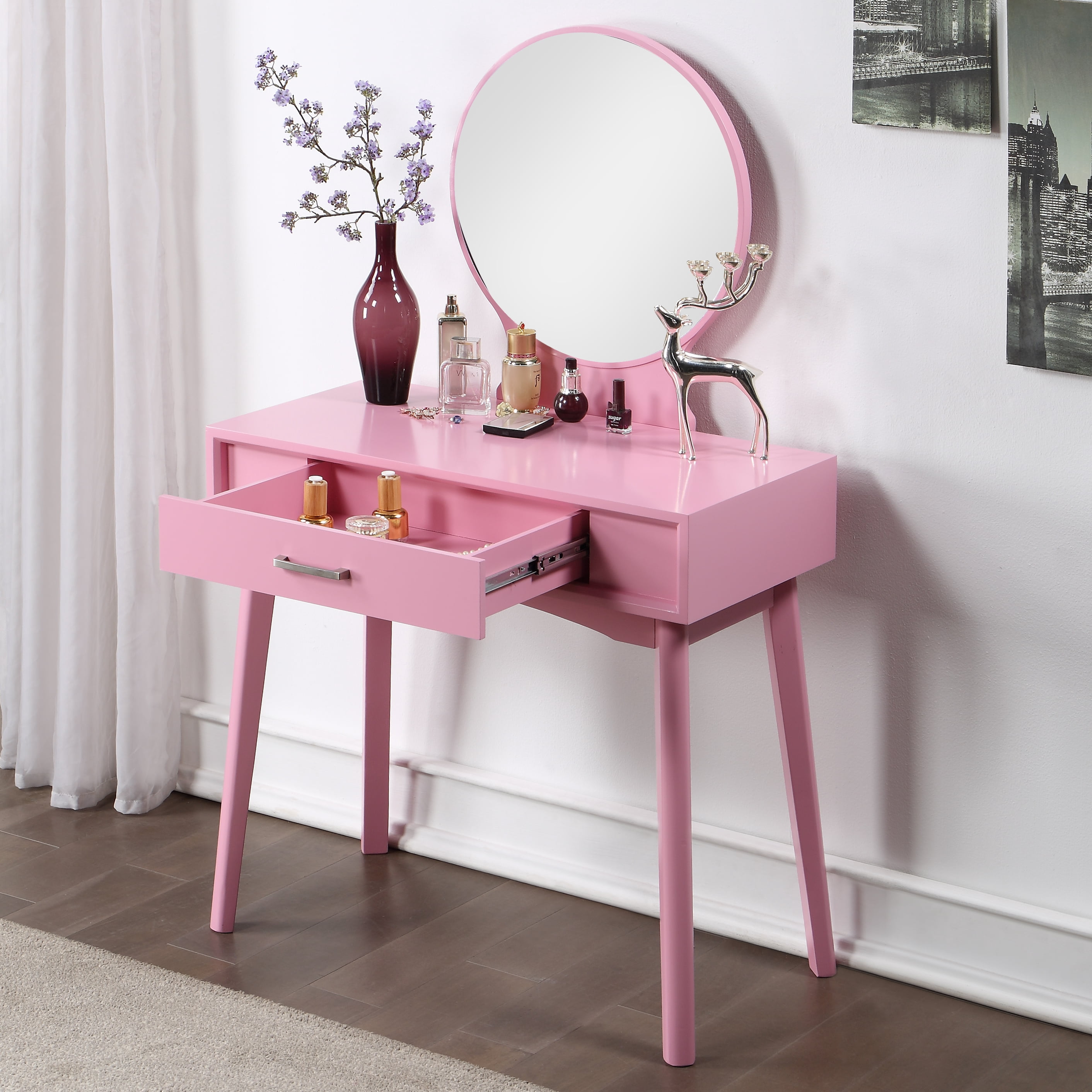 Mintazer Modern Vanity Table Set, Round Mirror Makeup Dressing Table with Drawers & Upholstered Stool for Bedroom, Pink