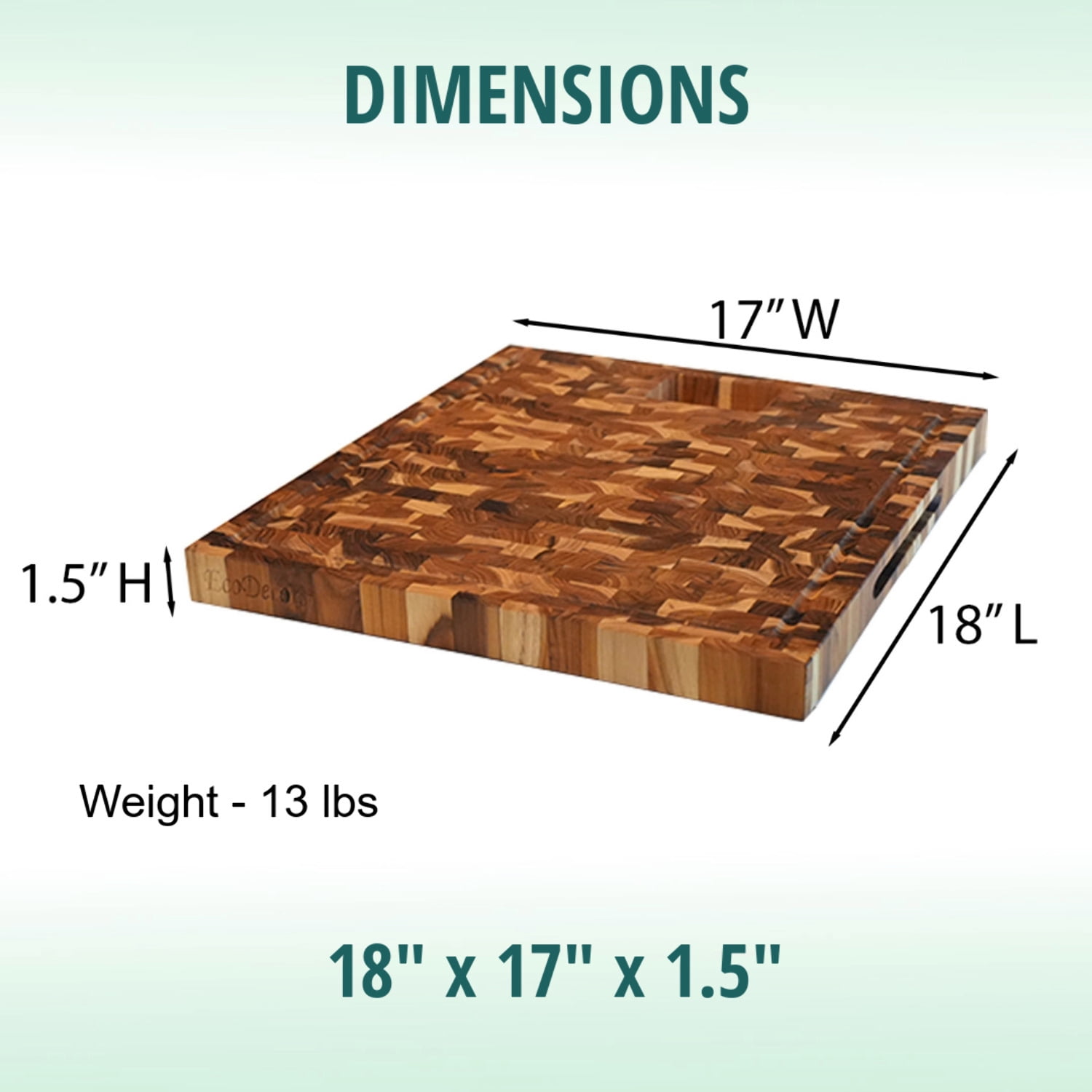 EcoDecors 17" x 18" FSC Teak End Grain Board with Groove, Handles  Chute