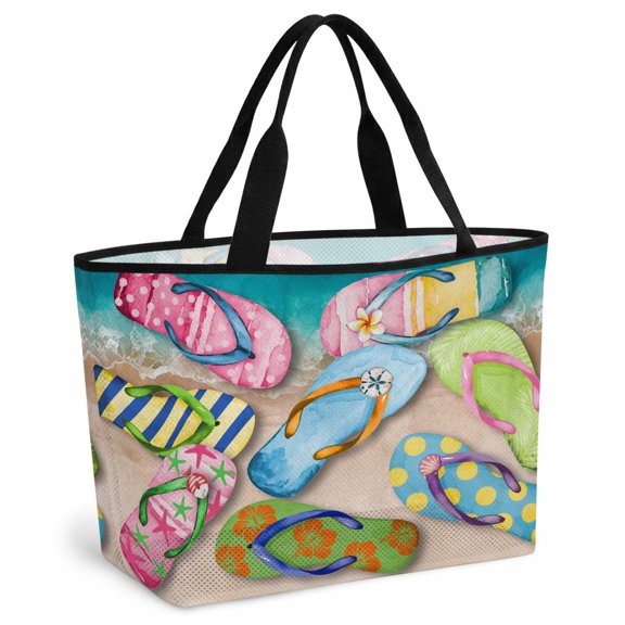 Colorful Flip Flops Beach Bag for Women, Large Breathable Mesh Beach Tote Bag, Summer Blue Beach Ocean Sandproof Lightweight Travel Bags for Vacation Picnic Swimming Pool 15.7"x15.7"x9.1"