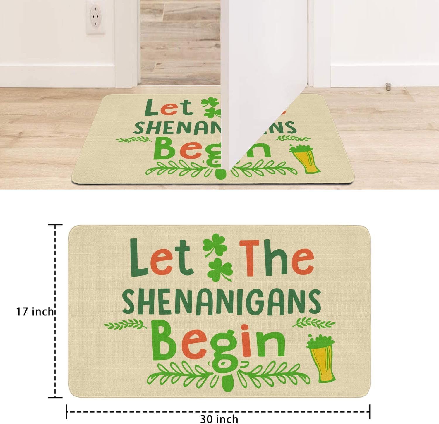 St.Patrick''s Day Doormat Let The Shenanigans Begin Rug Indoor and Outdoor Front Entrance Door Mat Home Decor with Rubber Backing, 30" X 17"