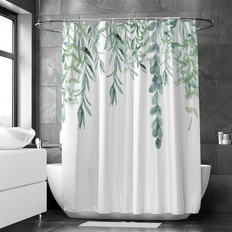 Willow Green Shower Curtain Greenery Eucalyptus Shower Curtain Floral Plant  Shower Curtain Green Leaves Bathroom Decor with 12 Hooks 72 x 72 Inches 