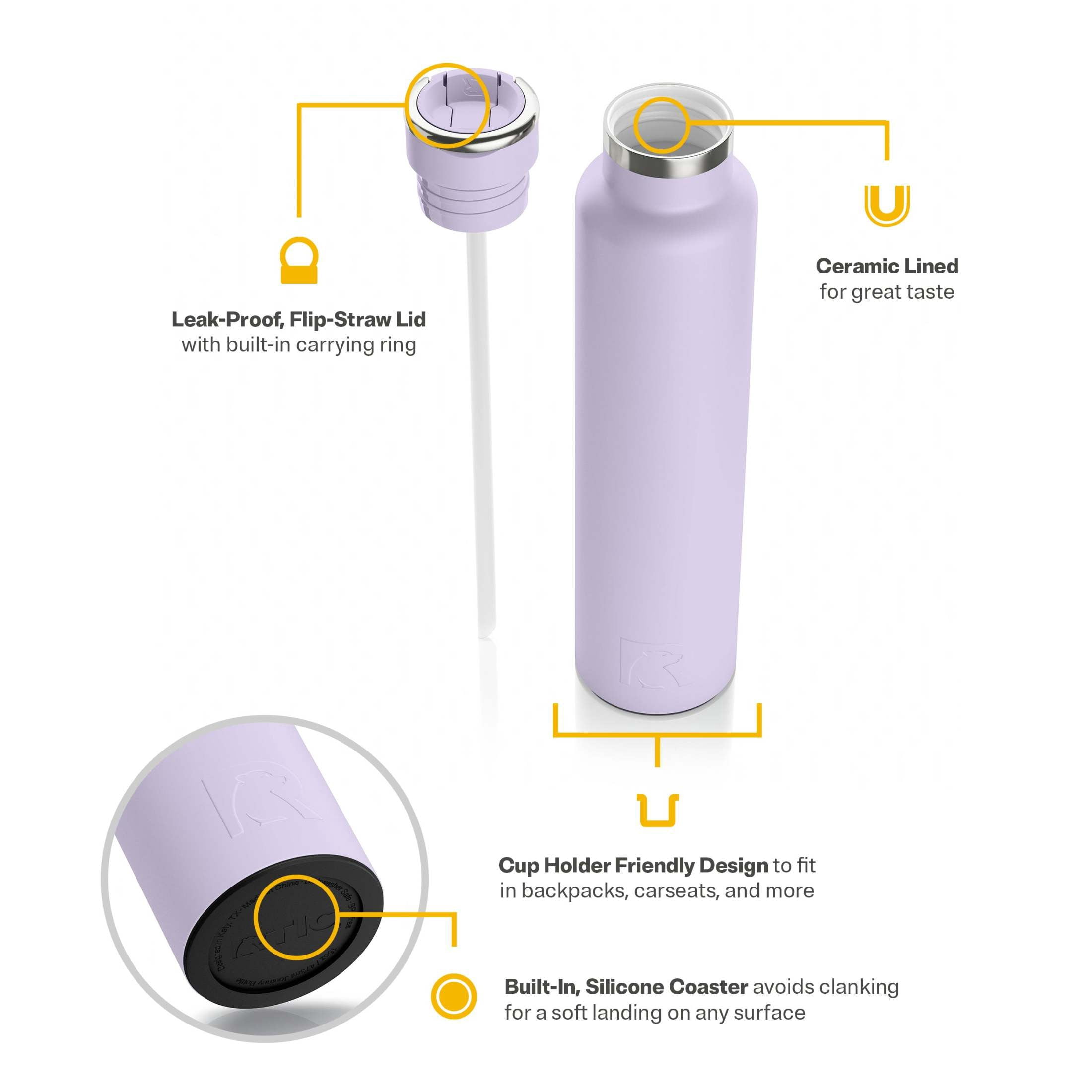 RTIC 26 oz Ceramic Lined Insulated Journey Water Bottle, Leak-Proof Lid, Dusty Lilac