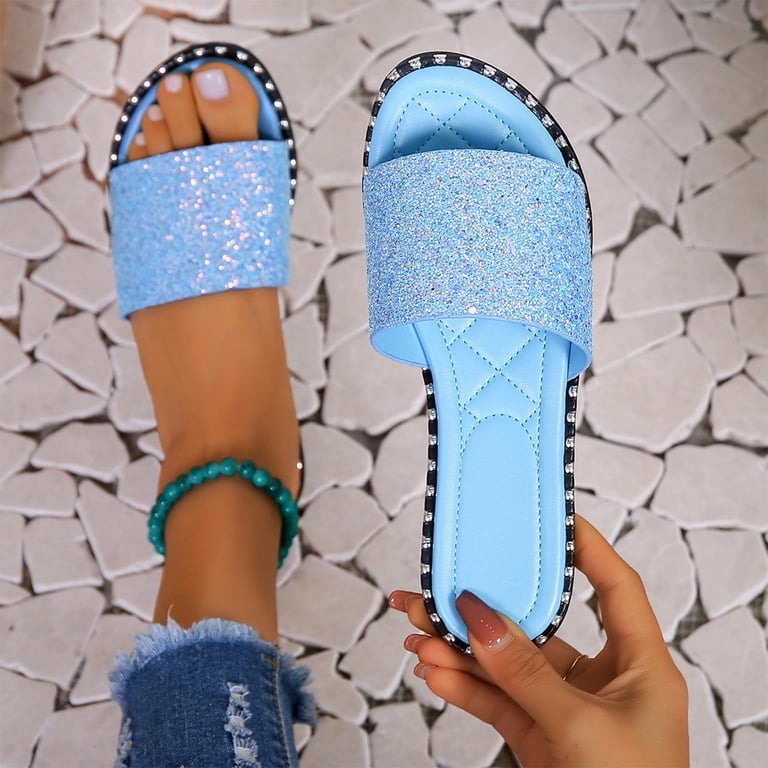 Dress Sandals for Women, Xunlbb Women's Summer New Plus Size Frosted Sequin  Line Over Beach Flats Light Sandals(Sky Blue,Size:42) - Walmart.com
