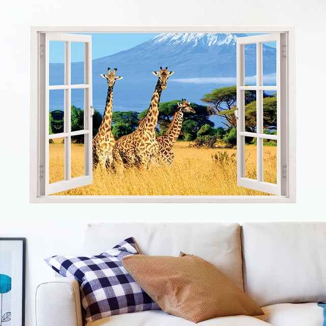 Adhesivo de pared 3D con diseño de jirafa, paisaje, ventana, safari, 90 x 60 cm