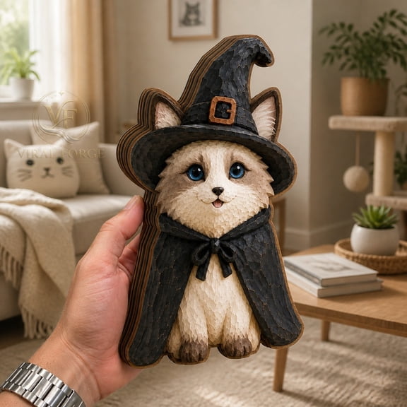 Wooden Plaque 3 Layer Ragdoll Cat Witch Wood Shelf Sitter for Halloween Decor and Cat Lovers