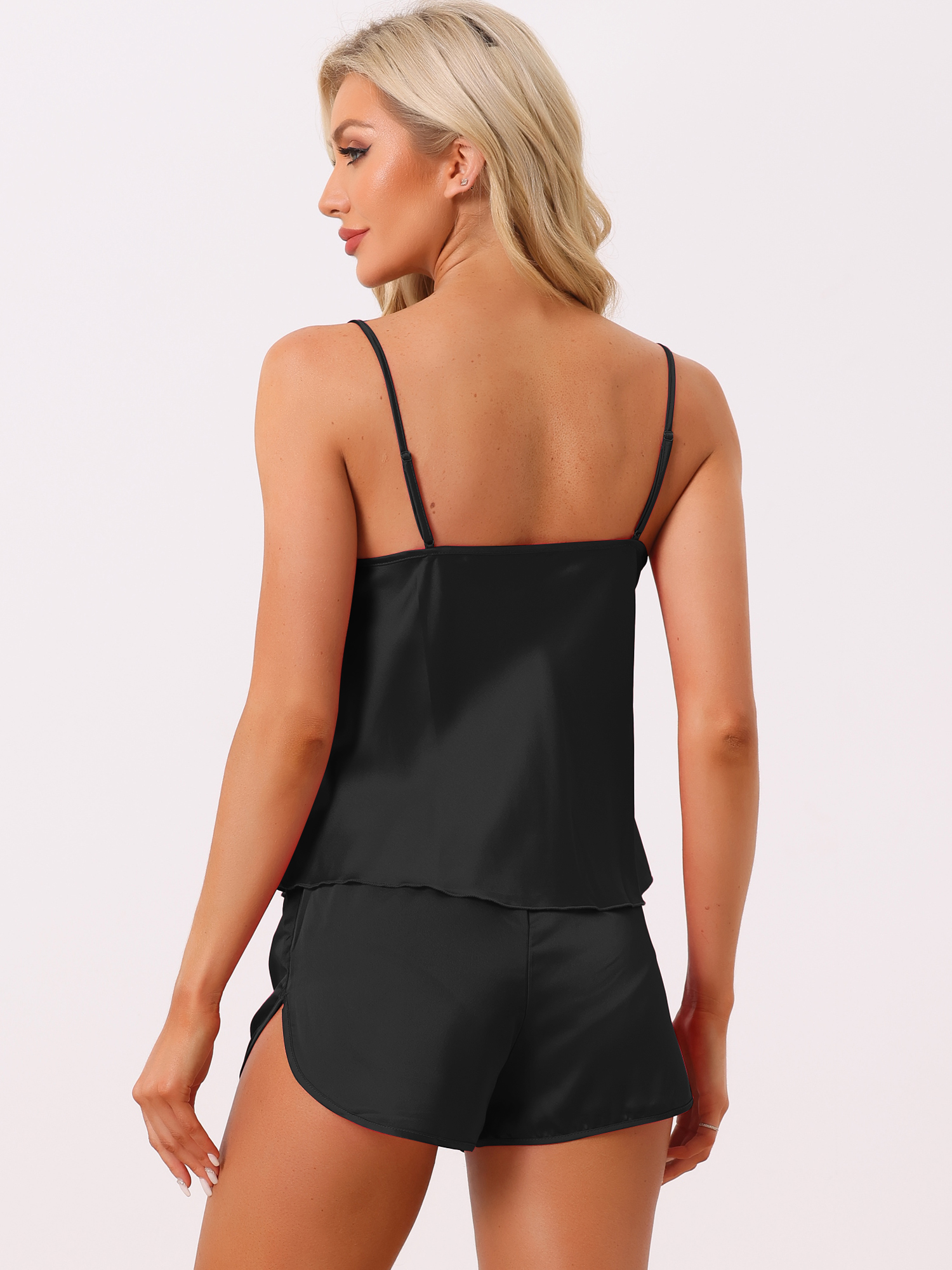 DARING DIVA Women's Satin Pajamas Sets Cami Sleepwear Silky PJ Set with Shorts M Black