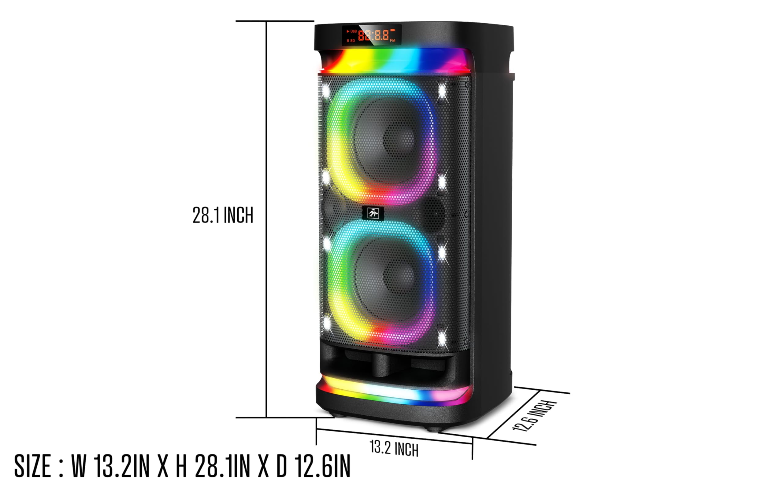 Fisher Portable Bluetooth Wireless Speaker:Dual 8" Subwoofer 60W Peak Power Loud HD Deep Bass Sound|LED Lights|Rechargeable|Karaoke|Microphone|TWS Pairing|USB Port|TF|AUX|FM Radio|Guitar Jack