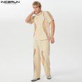 thumbnail image 5 of INCERUN 2024 Conjuntos casuales de estilo americano para hombre, camisas de manga corta, pantalones, conjuntos de dos piezas de malla con empalme irregular a la moda para hombre S-5XL, 5 of 5